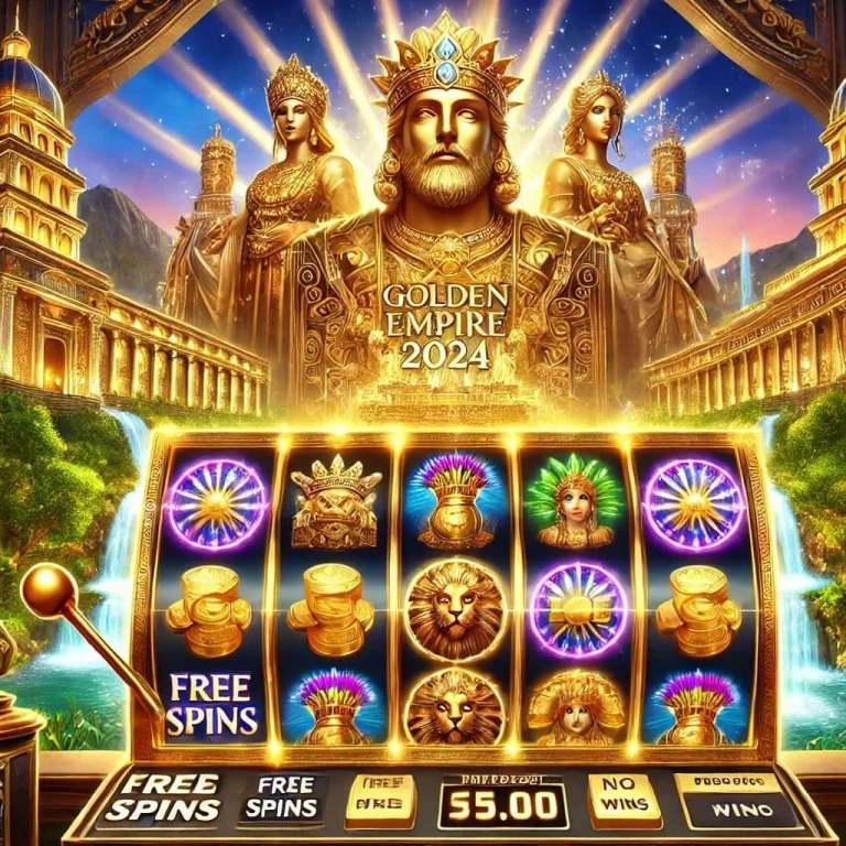 A captivating slot game scene with a 'Golden Empire' theme featuring gold coins, crowns, and treasures on the reels. The opulent background showcases grand palaces and golden statues, highlighting the excitement of free spins, multipliers, and bonuses. The luxurious atmosphere invites players to experience thrilling gameplay and aim for big wins.