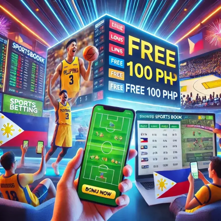 A dynamic sports betting scene in the Philippines showing live sports events like basketball and football, with odds displayed on screens. The image features people using a mobile phone and laptop to place bets, highlighting a 'Free 100 PHP' bonus offer. The atmosphere is vibrant and modern, emphasizing the excitement and growth of sports betting in the Philippines.