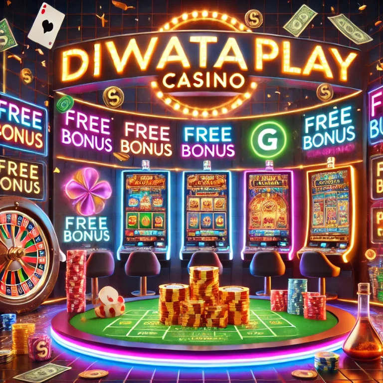 A colorful and lively online casino interface showcasing Diwata Play casino branding with bright neon signs displaying 'Free Bonus'. The image features slot machines, a poker table surrounded by poker chips and dice, and a roulette wheel in a digital gaming environment.