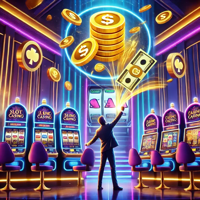 A vibrant digital casino scene from Diwata Online Games, featuring neon lights, slot machines, and a person celebrating a big win with golden coins flying in the air. A live dealer section and a screen displaying real-money winnings complete the luxurious gaming atmosphere.