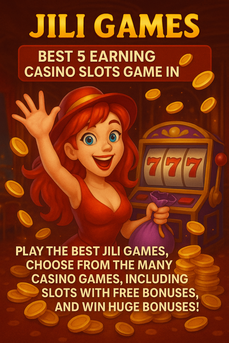 Animated red-haired woman in a red dress holding a money bag in front of a 777 slot machine, surrounded by flying gold coins, promoting JILI Games casino slots.